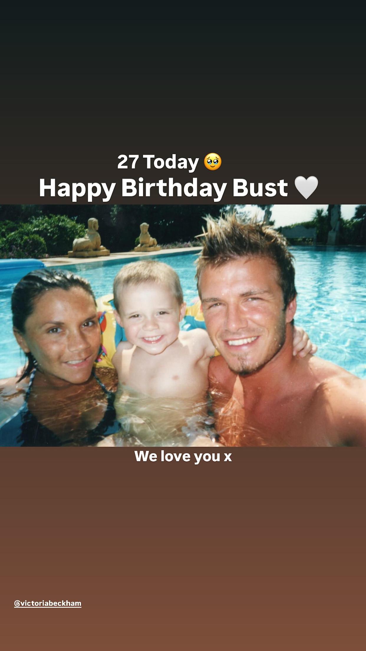 “27 today  Happy birthday Bust . We love you x,” the former soccer pro captioned a selfie on his Instagram Stories Wednesday. davidbeckham/Instagram
