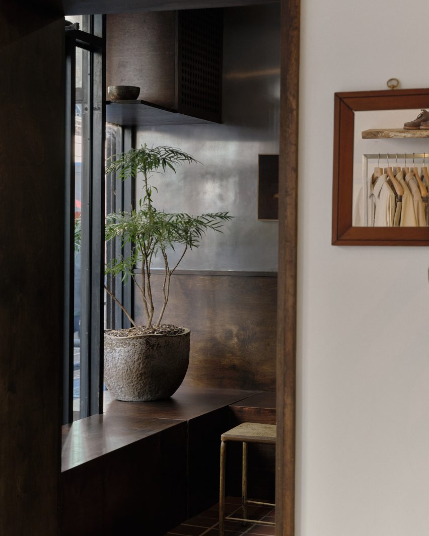 Removable wood benches in the front of a store