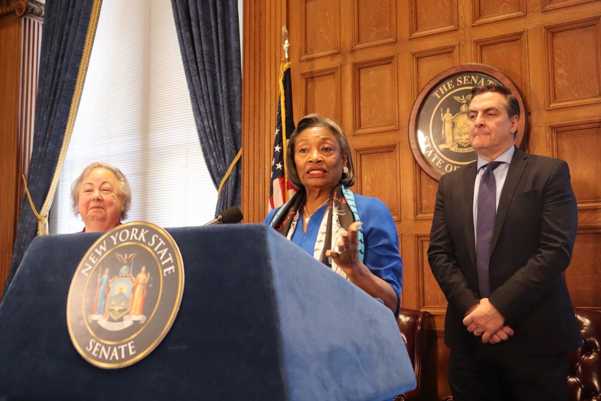 Senate Finance Chair Liz Krueger, Majority Leader Andrea Stewart-Cousins, and Deputy Majority Leader Michael Gianaris unveil the Senate’s one house Budget at a press conference in the Capitol.