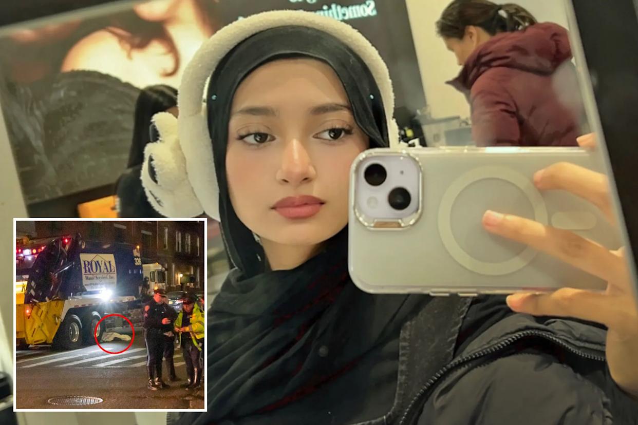 An image collage containing 2 images, Image 1 shows Nishath Jannath wearing a black hijab and white earmuffs, holding a cell phone up to take a mirror selfie, Image 2 shows crash scene Queens
