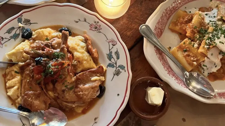Two Italian dishes are served in decorated bowls.
