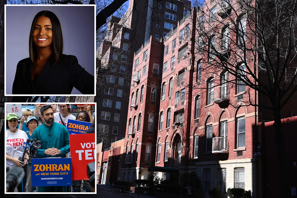 A composite showing a realtor, Mamdani and a rally and an apartment building.