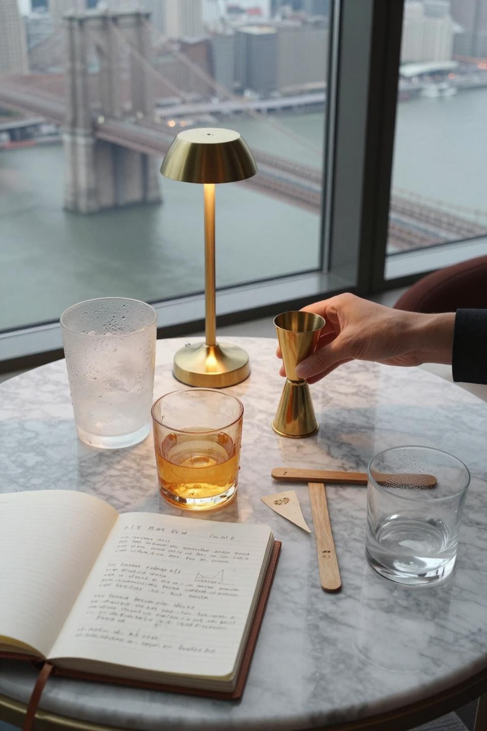Dark Penthouse - white Calacatta marble bar cart with brass jigger
