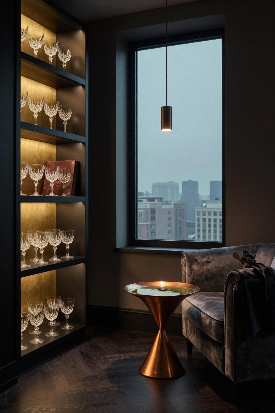 Penthouse New York Manhattan - graphite velvet wingback with brass shelving