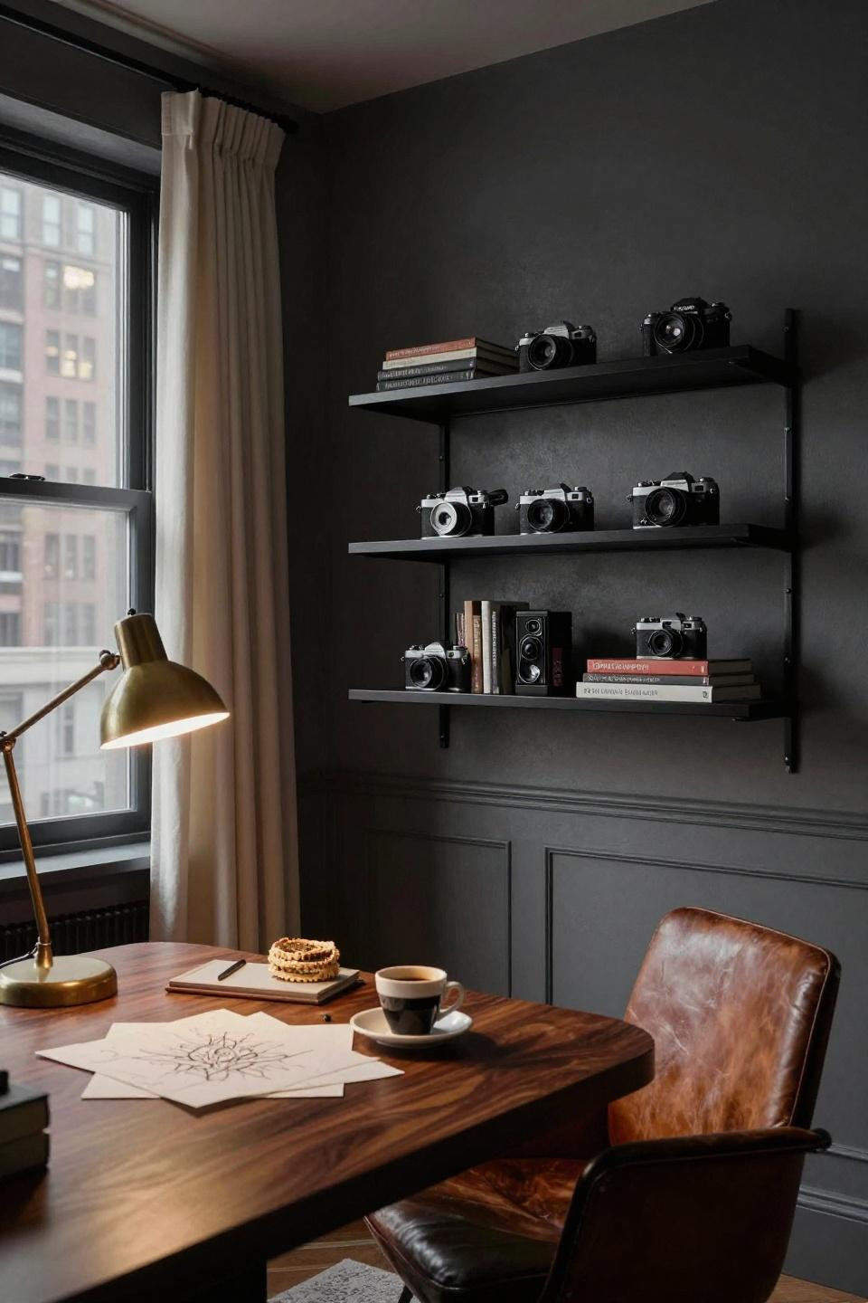 Dark Penthouse - blackened steel shelves with vintage cameras
