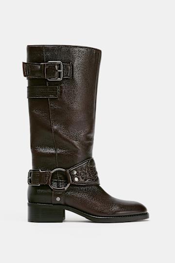 Leather Embroidered Flat Boots