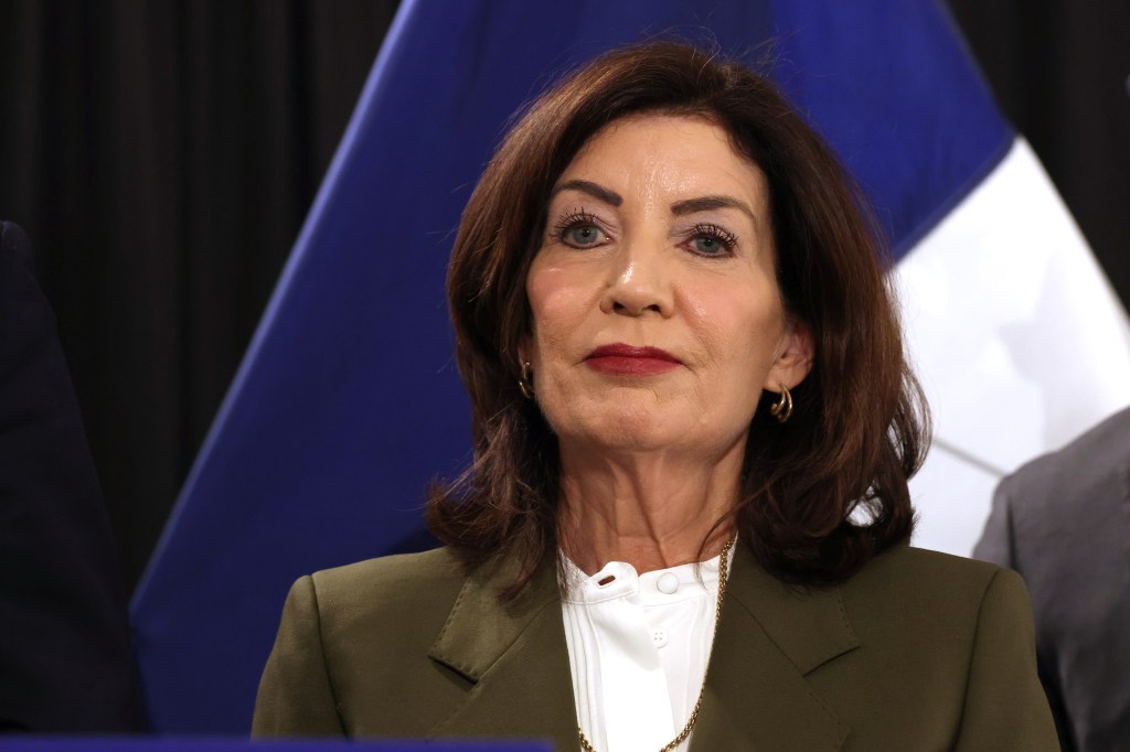 Gov. Kathy Hochul answering questions from reporters.