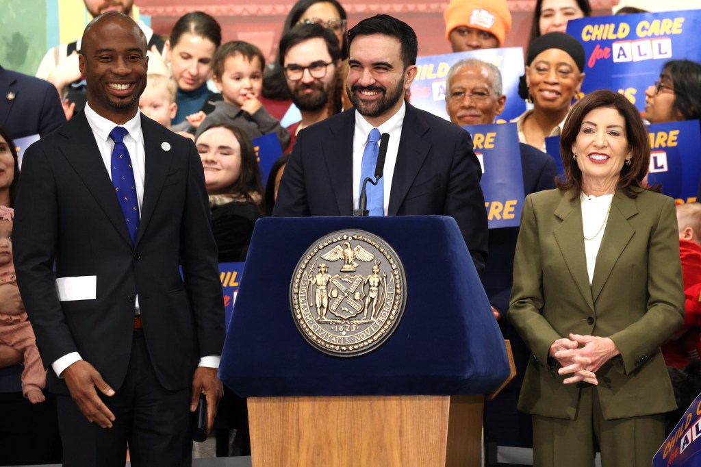 Mayor Zohran Mamdani announcing the communities that will be part of the city's free 2-K pilot program alongside Gov. Kathy Hochul and Schools Chancellor Kamar Samuels on March 3, 2026.