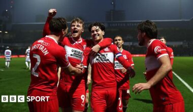 Hayden Hackney celebrates with Middlesbrough teammates after scoring against Queens Park Rangers