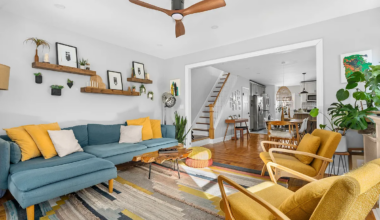 living room with view into an open plan kitchen and dining room