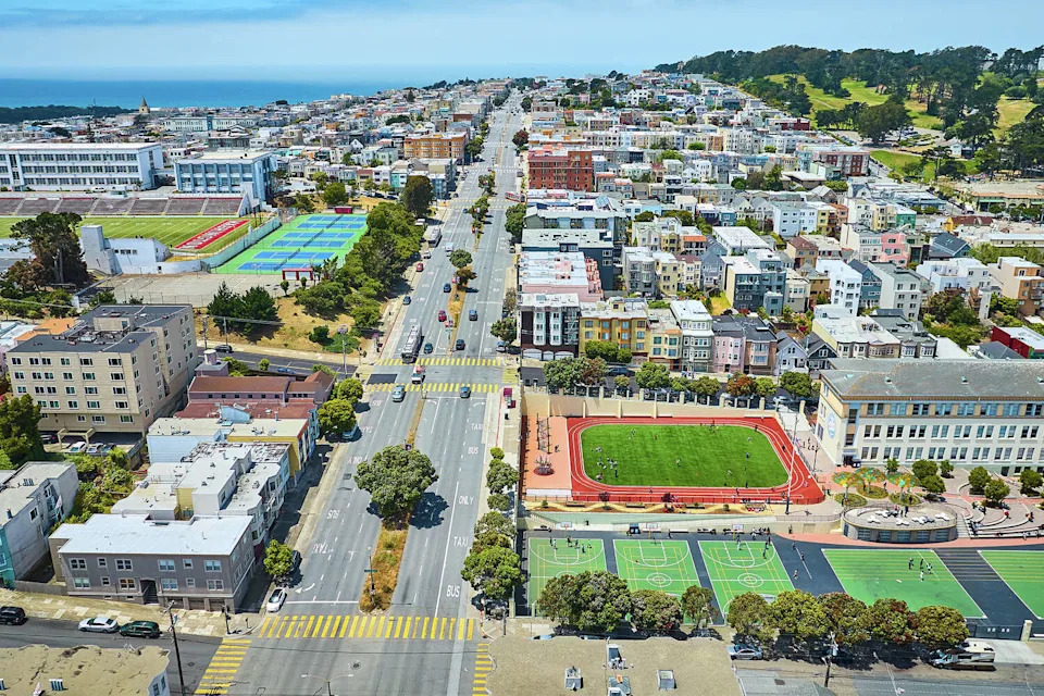 An aerial view of Presidio Middle School track and sports fields with George Washington High School's football field, in San Francisco. (Nicholas Klein/Getty Images)