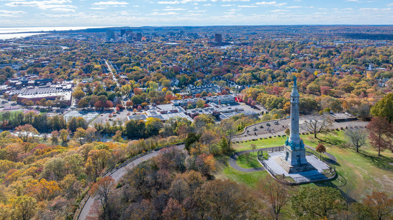 An aerial view of New Haven, Connecticut, in fall