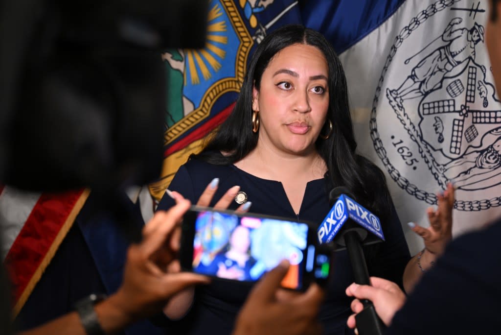 “We’ve seen the consequences of removing workers from these spaces: increased retail theft, less oversight, fewer protections for both workers and customers, and generally decreased safety,” said Councilwoman Amanda Farias (D-Bronx) while introducing the legislation Tuesday. Paul Martinka