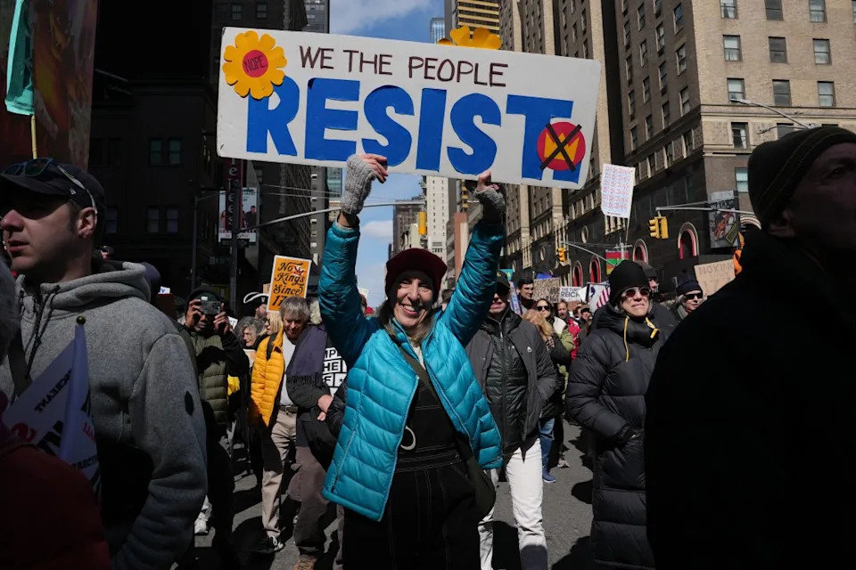 People take part in a “No Kings” protest Saturday, March 28, 2026, in New York. (AP Photo/Adam Gray)