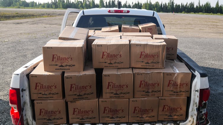 A pickup truck seen from behind, loaded with cardboard boxes