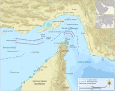 A map of a the Strait of Hormuz, which runs between Iran and the United Arab Emirates
