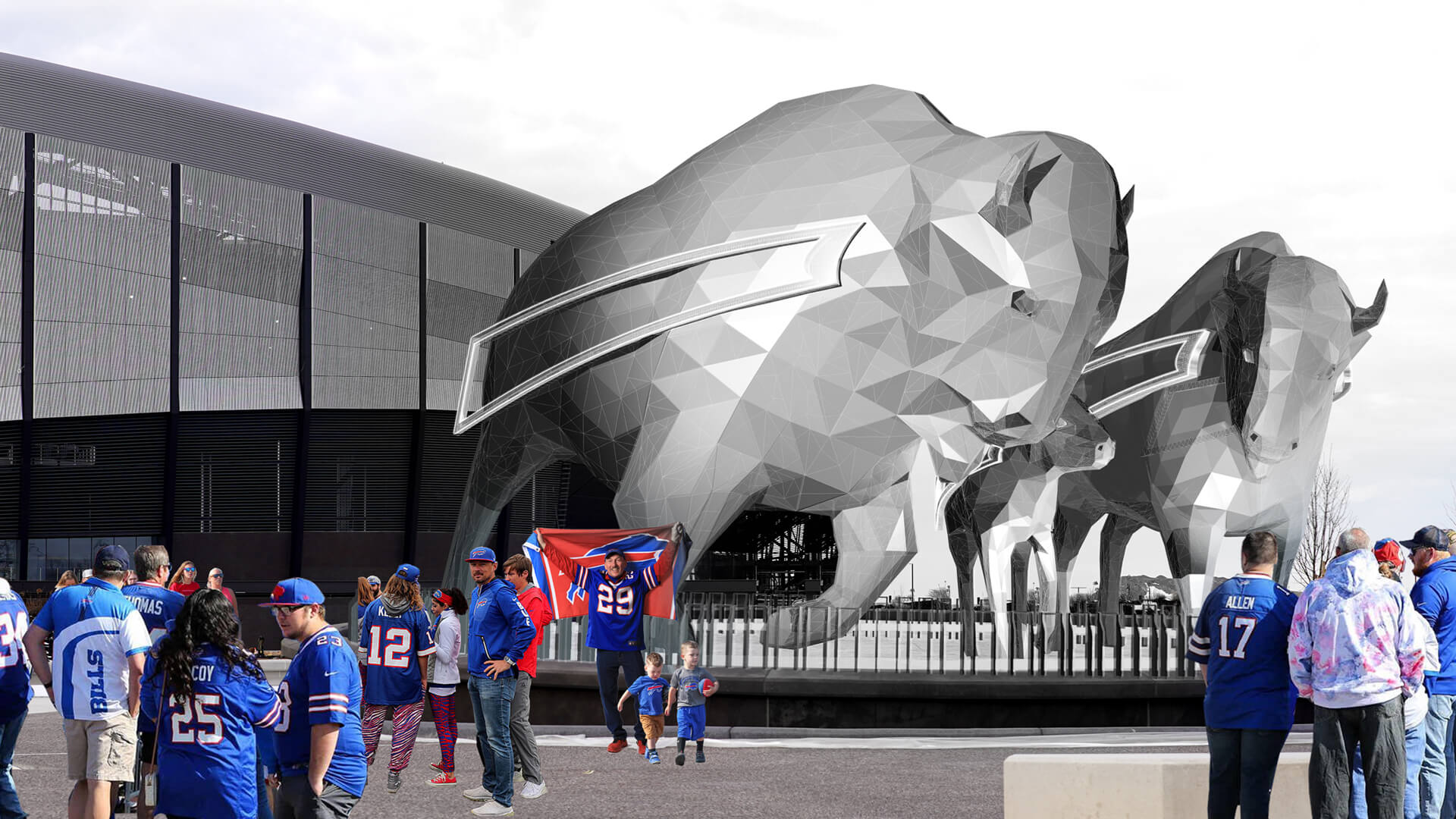 Renderings of the three bison statues that will adorn the stadium's Family Circle area just off Abbott Road in Orchard Park with fans on either side.
