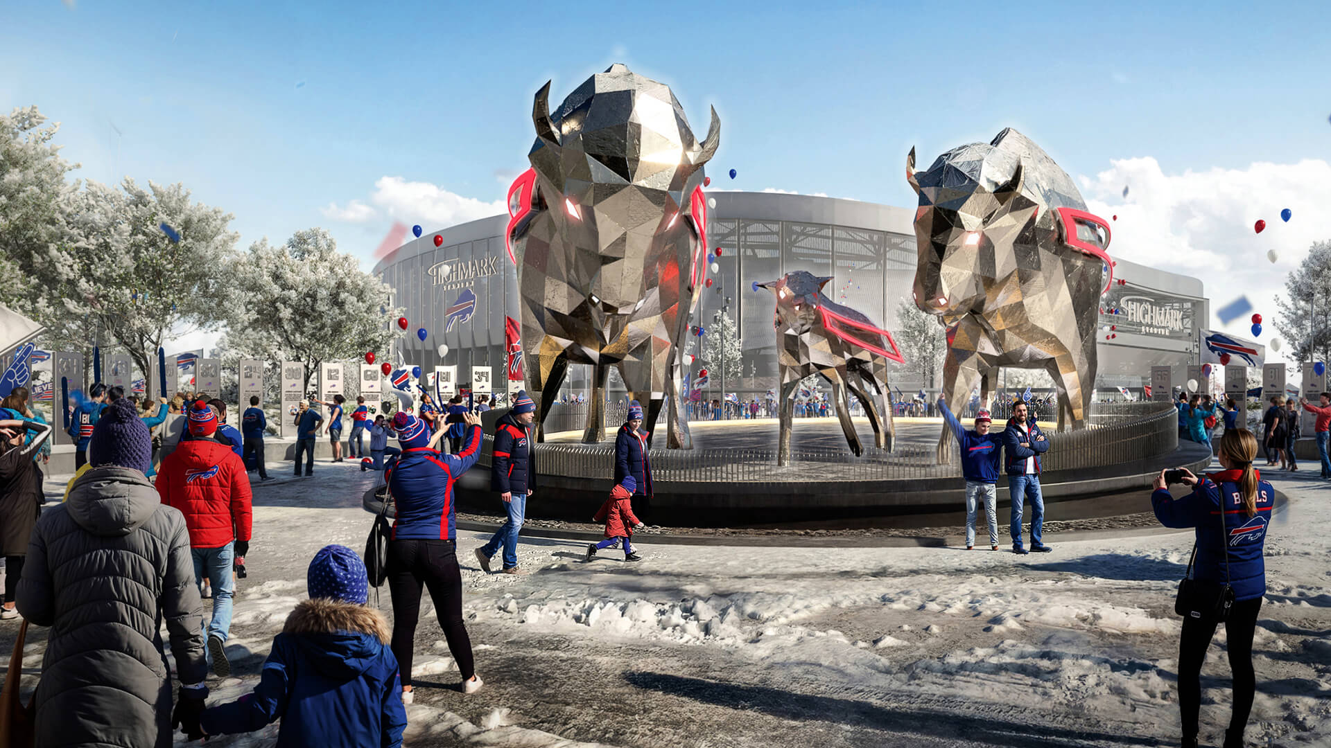 Renderings of bison statues lit up during the day while fans walk by or take photos in front, with snow on the ground. 