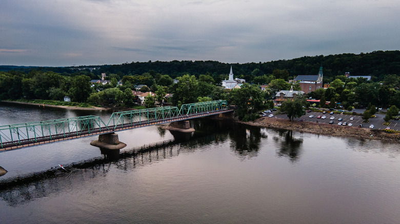 Aerial of bridge connecting Lambertville and New Hope