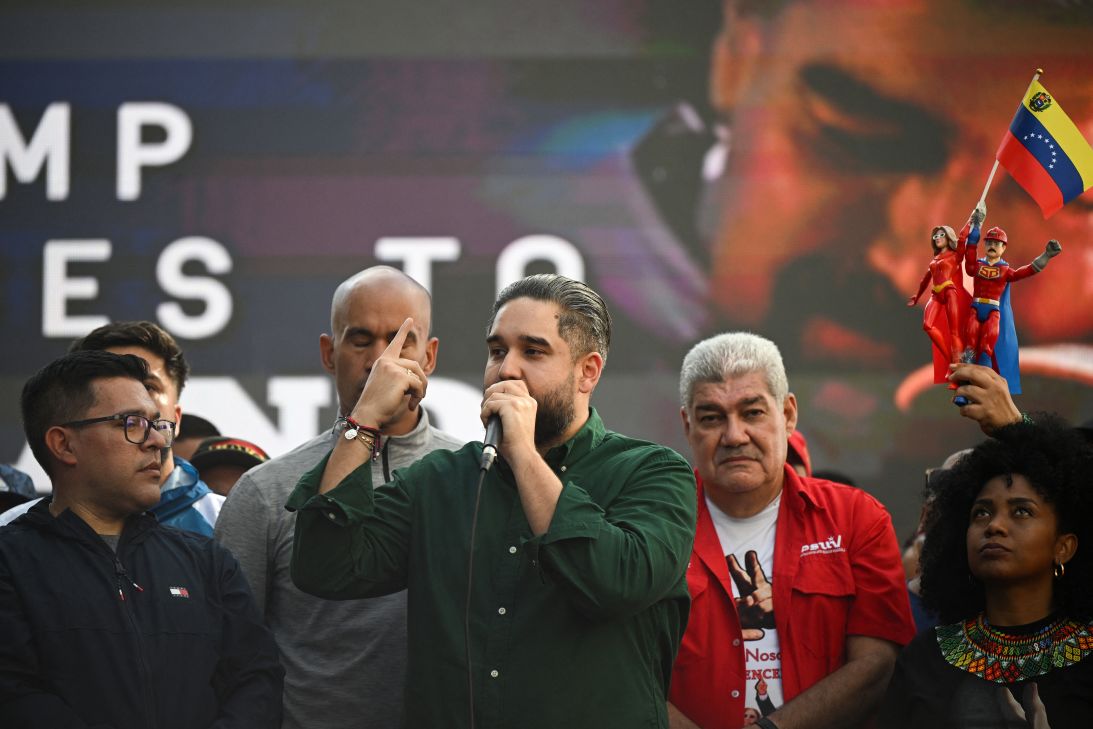 Lawmaker Nicolas Maduro Guerra, son of ousted President Nicolas Maduro, delivers a speech to supporters during a demonstration in Caracas on January 9, 2026, to demand the release of his father.