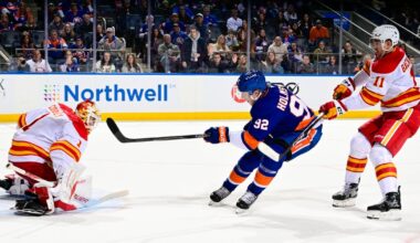 Holmstrom scores 2 as Islanders race to an early lead, hold on to beat Flames 3-2