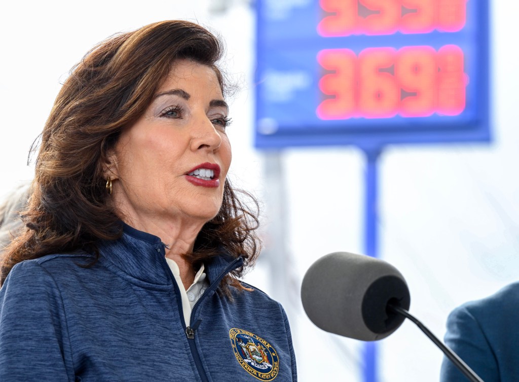 Governor Kathy Hochul speaking at an event about rising gas prices.