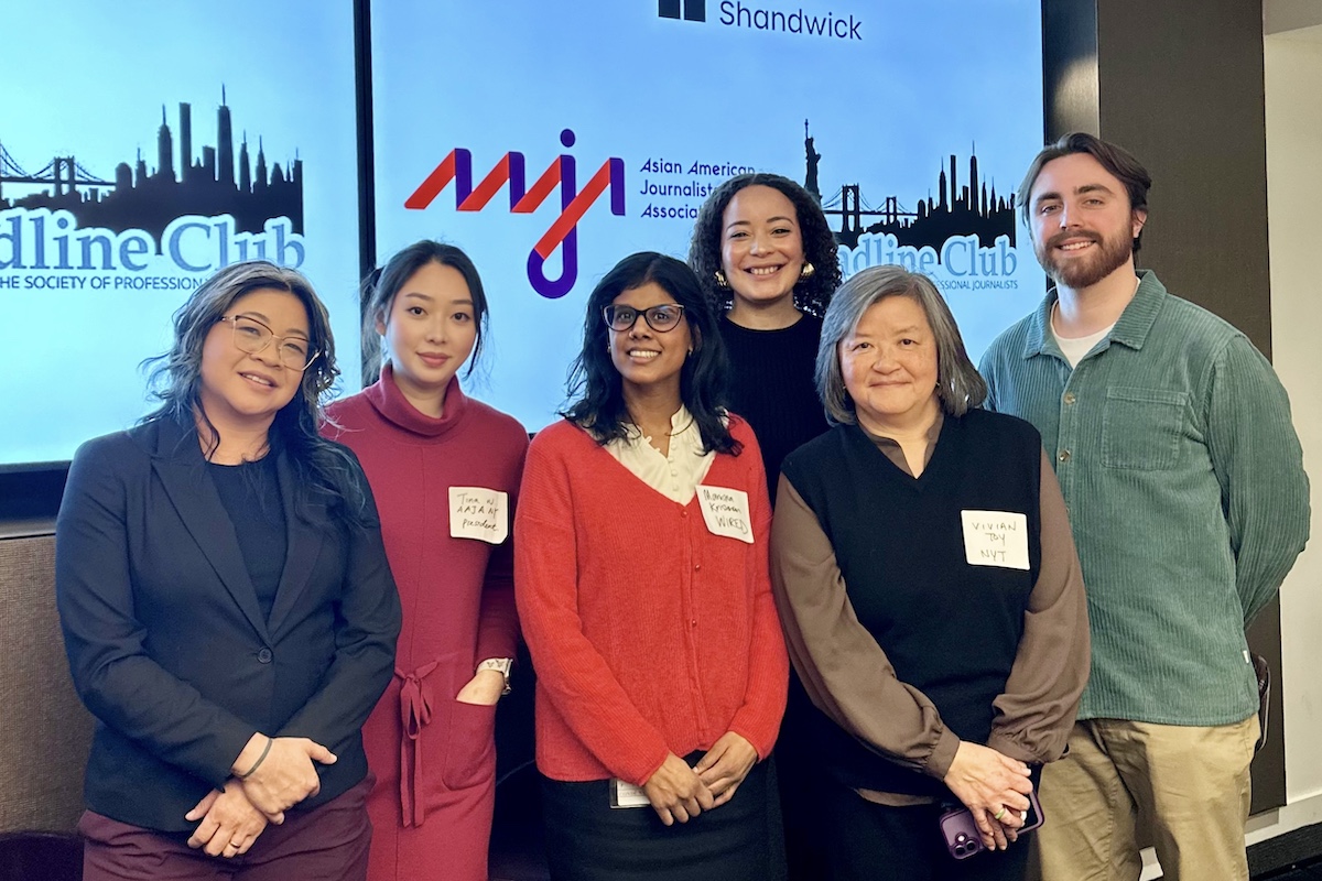 From left to right: Althea Chang-Cook, Tina Wong, Manisha Krishnan and Vivian Toy stand with the Deadline Club's Brennan LaBrie and a representative from Weber Shandwick, which held the panel at its offices. Photo courtesy of Brennan LaBrie