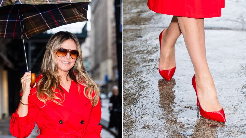 Heidi Klum wore a pair of Christian Louboutin’s Pigalle Follies 100 pump in glossy red mock-croc embossed finish in a rainy New York City on Monday.