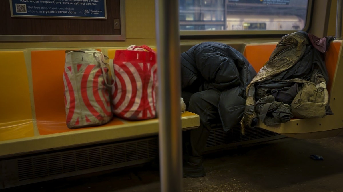 Two reusable Target bags on the left next to a slumped over homeless person in a warm coat on the right sitting on the New York City subway.