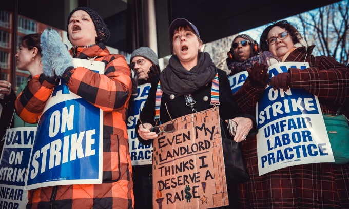New York University contract faculty chant on a picket line in Manhattan on March 24, 2026. Photo by Reuters
