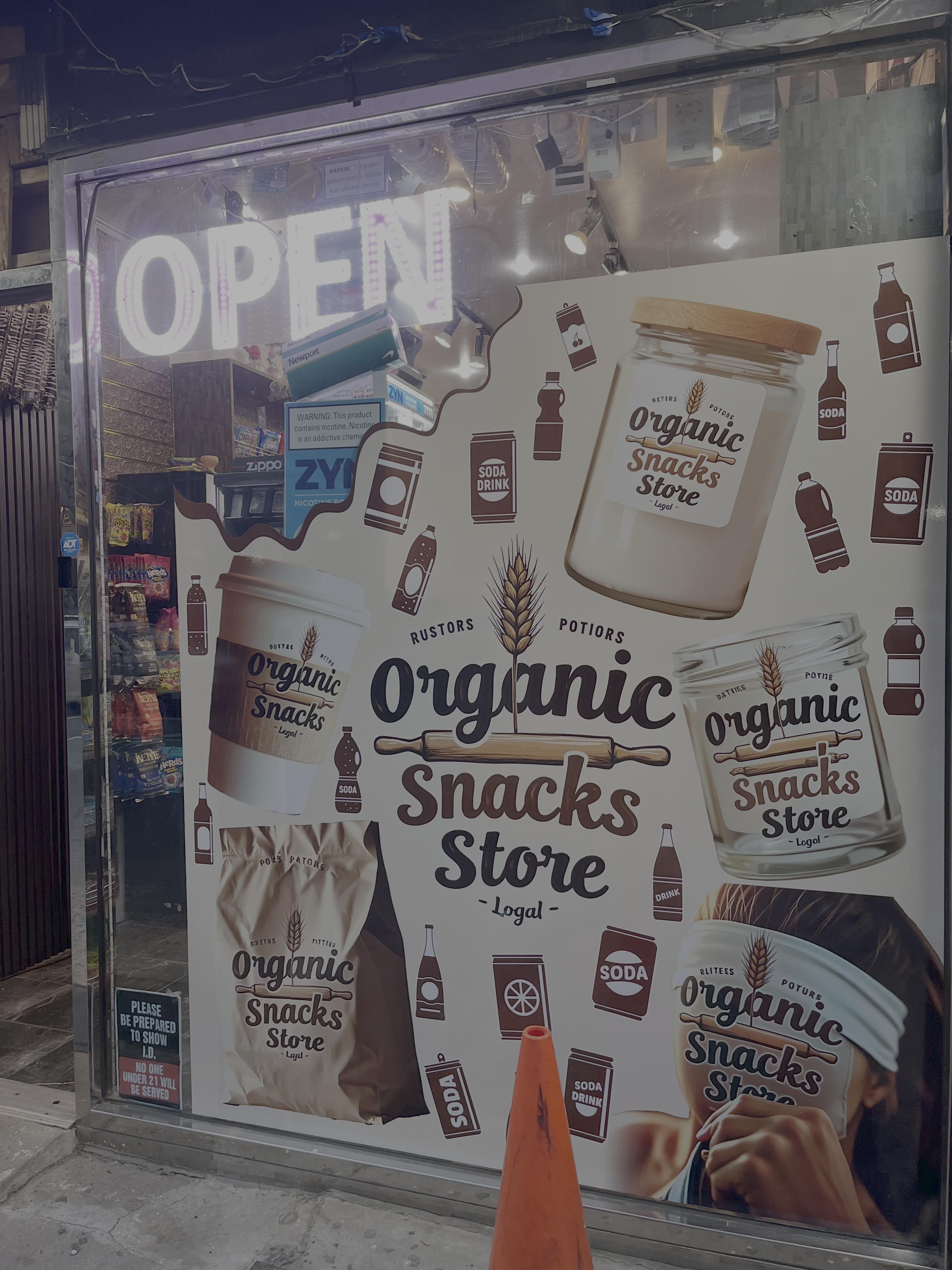 A bodega window with a stick-and-paste ad featuring badly hallucinated imagery and text copy.