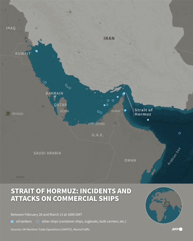 Infographic map of the Gulf and the Strait of Hormuz showing incidents and attacks on commercial ships, categorized as oil tankers or other ships.