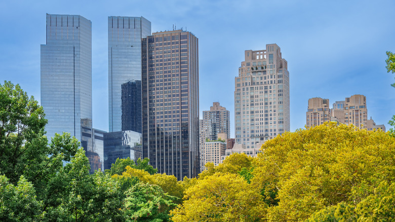View of Columbus Circle high rises, including the Deutsche Bank Center, behind Central Park trees