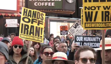 Hundreds of protesters gathered in Times Square Saturday afternoon against the military strike against Iran by the United States and Israel. (Spectrum News NY1)