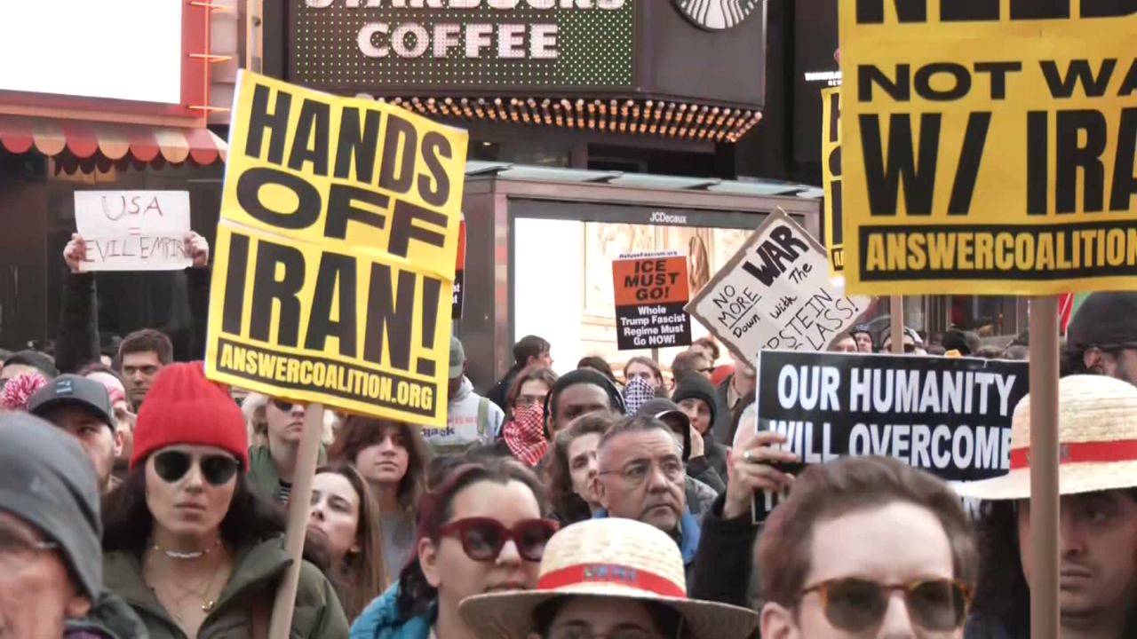 Hundreds of protesters gathered in Times Square Saturday afternoon against the military strike against Iran by the United States and Israel. (Spectrum News NY1)