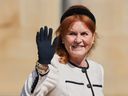 Sarah Ferguson waves the to the crowd was she attends the Easter Matins Service at St. George's Chapel, Windsor Castle, England, Sunday, April 20, 2025.
