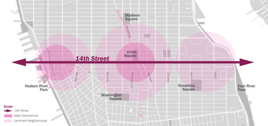 Map of he project scope for the 14th Street Plan stretches the entire length of the corridor and neighboring streets.