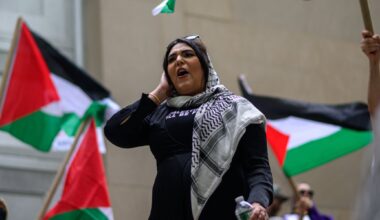 A photo of Kiswani speaking during a rally.