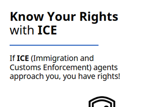 Screenshot of first page of MOIA's Know Your Rights with ICE Booklet with a symbol of people and a checkmark above their heads.