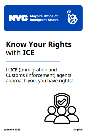 Screenshot of first page of MOIA's Know Your Rights with ICE Booklet with a symbol of people and a checkmark above their heads.