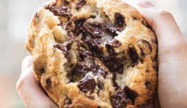 a delicious chocolate chip cookie from Levain Bakery in New York being pulled in half to show its melted chocolate morsels