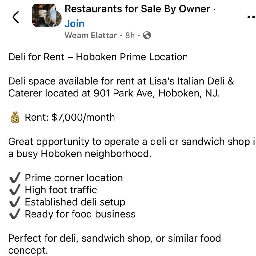 listing for lisa's deli for rent 