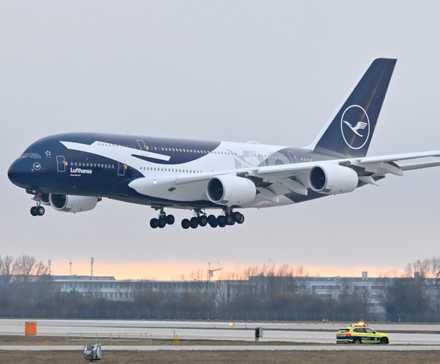 Lufthansa A380 with centennial livery landing