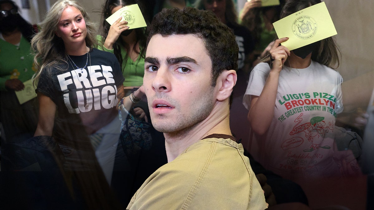 Luigi Mangione and his supporters at court behind him