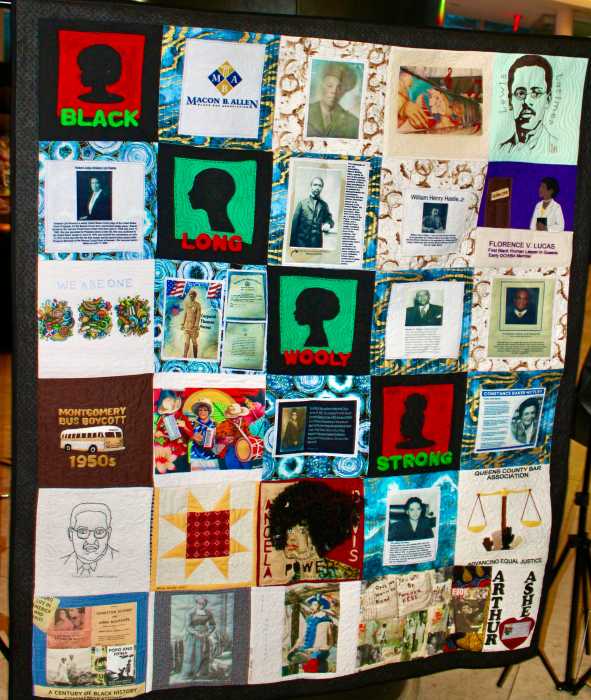 A quilt of unity, and hope designed by members of the organization, stood majestically in the reception area, at the Macon B. Allen Black Bar Association BHM commemoration at Queens Theatre in Flushing Meadows, Corona Park