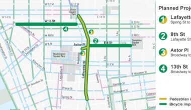 Map of pedestrian and cycling safety upgrades presented to Community Board 2 Tuesday evening to help prepare for World Cup crowds at popular destinations like Union Square and Astor Place. Credit: NYC DOT
