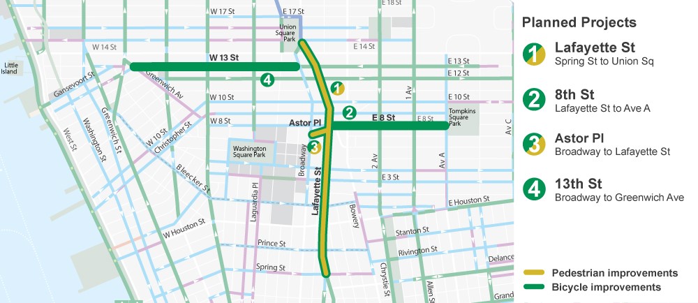 Map of pedestrian and cycling safety upgrades presented to Community Board 2 Tuesday evening to help prepare for World Cup crowds at popular destinations like Union Square and Astor Place. Credit: NYC DOT