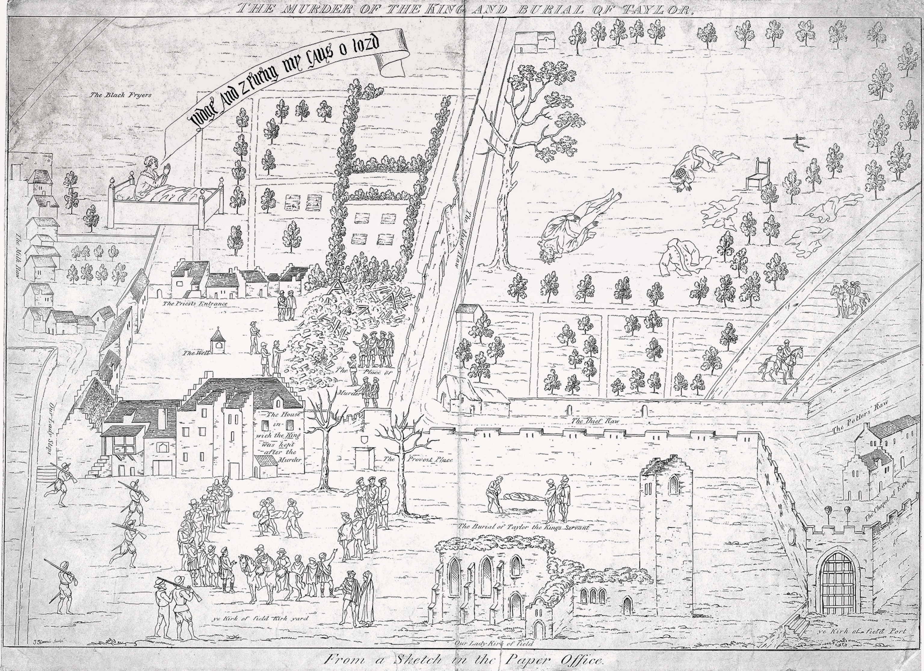 19th-century copy of the 16th-century drawing (created after the crime) depicting the events surrounding Darnley’s murder.
