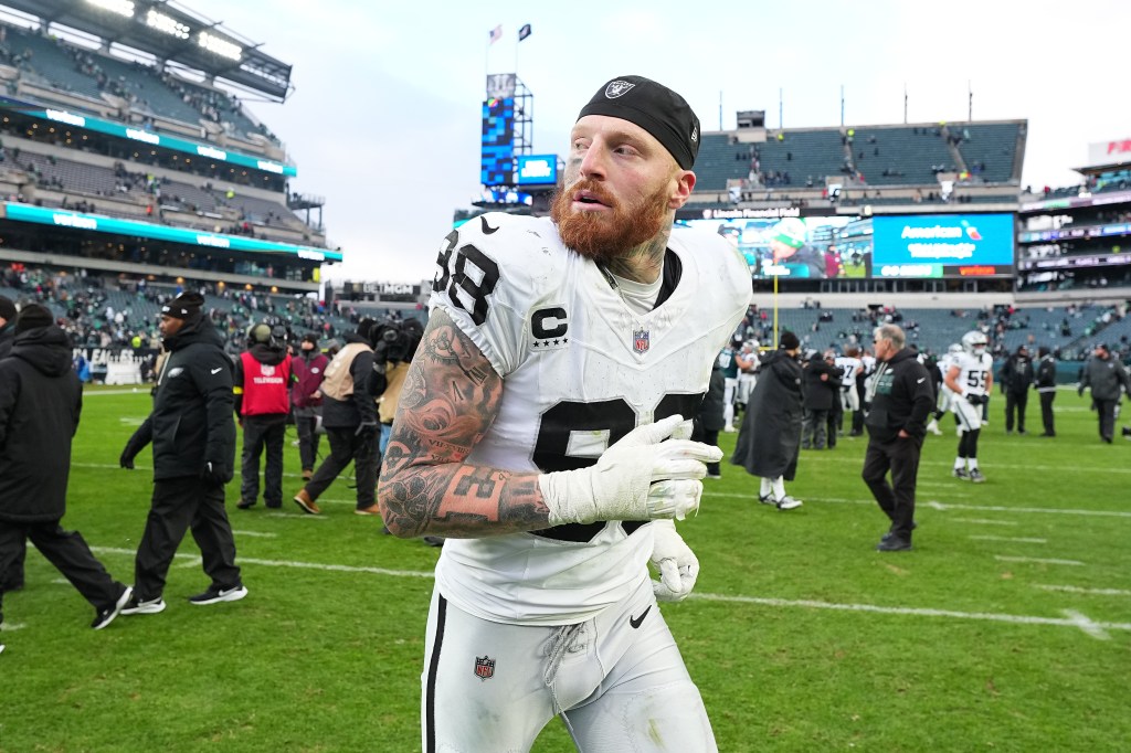 Maxx Crosby runs off the field after the game against the Philadelphia Eagles at Lincoln Financial Field on December 14, 2025 in Philadelphia, Pennsylvania.