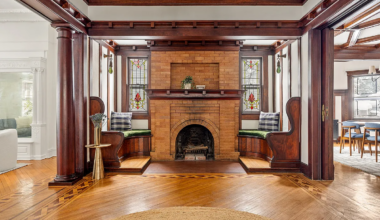 an mantel and built-in benches in a house